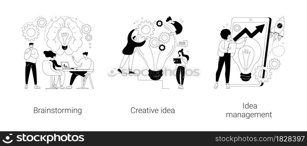 Creative thinking abstract concept vector illustration set. Team brainstorming, idea management, project management, startup collaboration, find solution, product development stage abstract metaphor.. Creative thinking abstract concept vector illustrations.