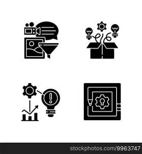 Creative thinking black glyph icons set on white space. Breaking down problems. Analyzing information. Critical thinking. Identifying problems. Silhouette symbols. Vector isolated illustration. Creative thinking black glyph icons set on white space