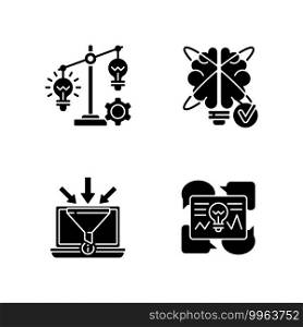 Creative thinking black glyph icons set on white space. Gathering information. Idea prioritization. Communicating ideas. creative Problem solving. Silhouette symbols. Vector isolated illustration. Creative thinking black glyph icons set on white space
