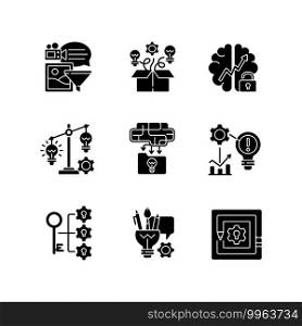 Creative thinking black glyph icons set on white space. Taking on challenges. Artistic thinking. Creativity in STEM Analyzing information. Silhouette symbols. Vector isolated illustration. Creative thinking black glyph icons set on white space