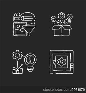 Creative thinking chalk white icon on black background. Breaking down problems. Analyzing information. Critical thinking. Identifying problems. Isolated vector chalkboard illustrations. Creative thinking chalk white icon on black background