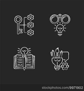 Creative thinking chalk white icon on black background. Writing skills. Flash bulb as creative idea. Book with pencil. Keys from brilliant ideas. Isolated vector chalkboard illustrations. Creative thinking chalk white icon on black background