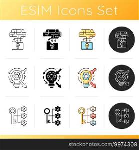 Creative thinking icons set. Breaking down problems. Analyzing information. Critical thinking. Identifying problems. Linear, black and RGB color styles. Isolated vector illustrations. Creative thinking icons set