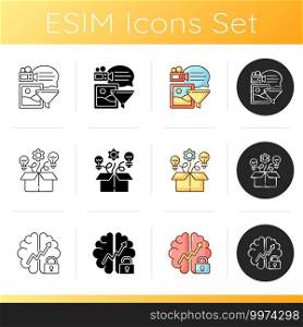 Creative thinking icons set. Idea prioritization.Creative problem solving. Thinking outside the box. Analyzing information. Linear, black and RGB color styles. Isolated vector illustrations. Creative thinking icons set