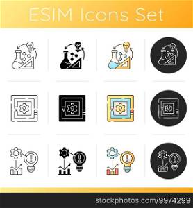 Creative thinking icons set. Taking on challenges. Creativity development. Artistic thinking. STEM Analyzing information. Linear, black and RGB color styles. Isolated vector illustrations. Creative thinking icons set