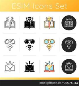 Creative thinking icons set. Writing skills. Flash bulb as creative idea. Analyzing information. Keys from brilliant ideas. Linear, black and RGB color styles. Isolated vector illustrations. Creative thinking icons set