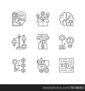 Creative thinking linear icons set. Artistic thinking. Creativity in STEM Analyzing information. Customizable thin line contour symbols. Isolated vector outline illustrations. Editable stroke. Creative thinking linear icons set