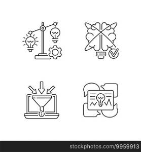 Creative thinking linear icons set. Gathering information. Idea prioritization. creative Problem solving. Customizable thin line contour symbols. Isolated vector outline illustrations. Editable stroke. Creative thinking linear icons set
