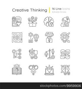 Creative thinking linear icons set. Idea prioritization. Thinking outside the box. Analyzing information. Customizable thin line contour symbols. Isolated vector outline illustrations. Editable stroke. Creative thinking linear icons set