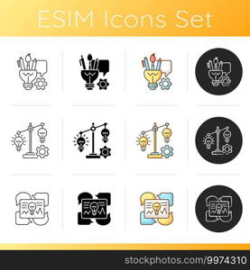 Creative thinking linear set. Growth mindset. Improving reflection skills. Organizing information. Creativity in STEM. Linear, black and RGB color styles. Isolated vector illustrations. Creative thinking icons set