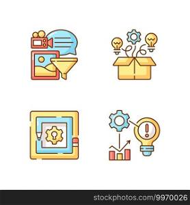 Creative thinking RGB color icons set. Breaking down problems. Creativity development. Analyzing information. Critical thinking. Identifying problems. Isolated vector illustrations. Creative thinking RGB color icons set