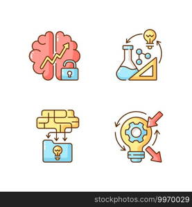 Creative thinking RGB color icons set. Growth mindset. Improving reflection skills. Creativity development. Organizing information. Creativity in STEM. Isolated vector illustrations. Creative thinking RGB color icons set