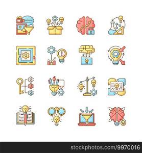 Creative thinking RGB color icons set. Idea prioritization. Creative problem solving. Thinking outside the box. Creativity development. Analyzing information. Isolated vector illustrations. Creative thinking RGB color icons set