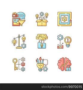Creative thinking RGB color icons set. Taking on challenges. Creativity development. Brainstorming. Artistic thinking. Creativity in STEM Analyzing information. Isolated vector illustrations. Creative thinking RGB color icons set