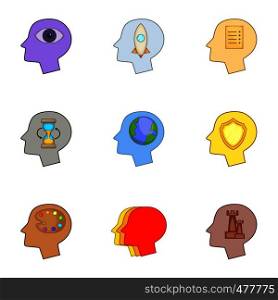 Creative thoughts inside man head icons set. Cartoon set of 9 creative thoughts inside man head vector icons for web isolated on white background. Creative thoughts inside man head icons set