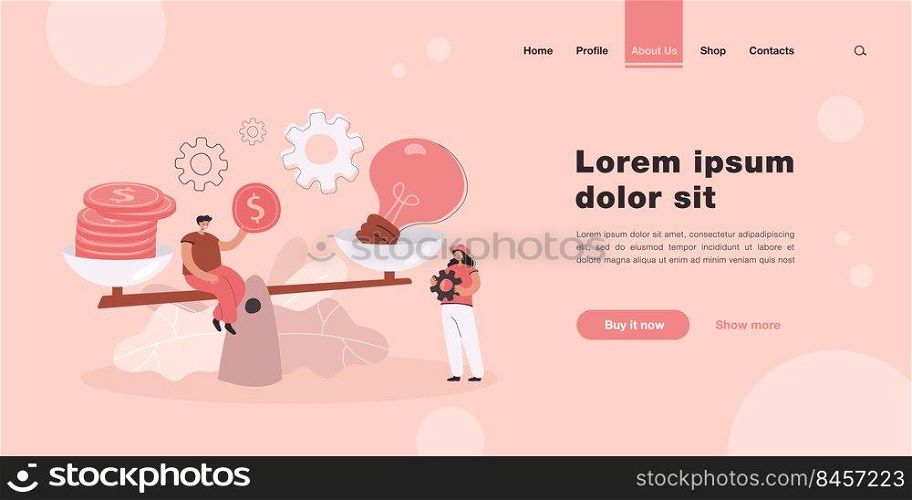 Creative tiny people giving price for idea with scales flat vector illustration. Cartoon character buying innovation and paying money. Comparison, startup valuation and assessment concept