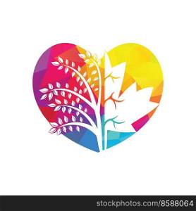 Creative tree and maple leafs vector design. Maple tree in heart shape template. 