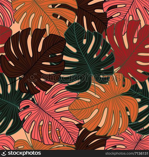 Creative tropical leaves backdrop. Monstera leaf pattern, botanical seamless pattern. Trendy design for printing, textile, fabric, fashion, interior, wrapping paper. Vector illustration. Creative tropical leaves backdrop. Monstera leaf pattern, botanical seamless pattern.