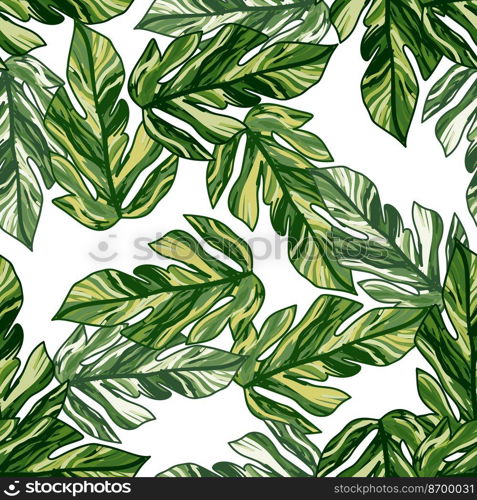 Creative tropical leaves seamless pattern in sketch style. Palm leaf endless floral background. Abstract foliage ornament. Nature wallpaper. Exotic plant backdrop. For fabric design, textile print. Creative tropical leaves seamless pattern in sketch style. Palm leaf endless floral background.