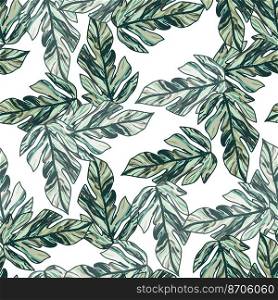 Creative tropical leaves seamless pattern in sketch style. Palm leaf endless floral background. Abstract foliage ornament. Nature wallpaper. Exotic plant backdrop. For fabric design, textile print. Creative tropical leaves seamless pattern in sketch style. Palm leaf endless floral background.