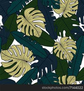 Creative tropical pattern, botanical leaf seamless pattern. Palm leaves backdrop. Modern exotic design for printing, textile, fabric, fashion, interior, wrapping paper. Vector illustration. Creative tropical pattern, botanical leaf seamless pattern.