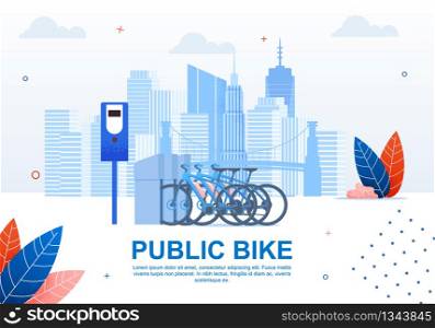 Creative Urban Transportation, Public Bike Cartoon Flat Banner Vector Illustration. Using Sharing System Concept. Taking Transport Vehicle from Station, Traveling around City or Town.