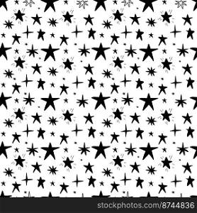 Creative vector illustration of seamless pattern with chaotic stars of different sizes on white background. Abstract Seamless pattern with chaotic balck stars