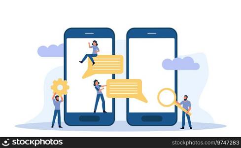 Creative vector illustration with person using a smartphone to chat with their friends and colleagues online, symbolizing power of mobile technology in connecting people and enabling communication