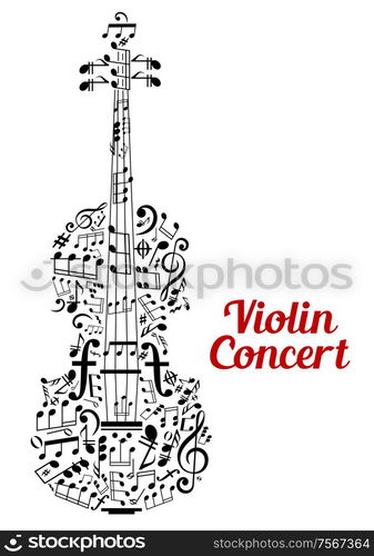 Creative vector Violin Concert poster design with the shape of a violin composed of music notes and clefs in a random scattered pattern in a text cloud and the text - Violin Concert - alongside. Creative vector Violin Concert poster design