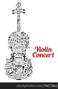 Creative vector Violin Concert poster design with the shape of a violin composed of music notes and clefs in a random scattered pattern in a text cloud and the text - Violin Concert - alongside. Creative vector Violin Concert poster design