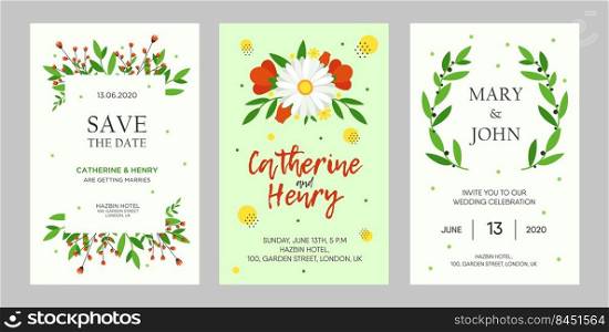 Creative wedding invitation designs with flowers. Trendy floral invitations with text. Celebration and event concept. Template for leaflet, banner or flyer
