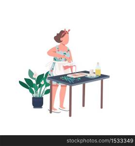 Creative woman flat color vector faceless character. Housewife make DIY soap. Recipe for craft. Creative self expression. Hobby isolated cartoon illustration for web graphic design and animation. Creative woman flat color vector faceless character