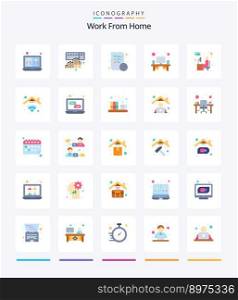 Creative Work From Home 25 Flat icon pack  Such As table. monitor. typing. home work area. task