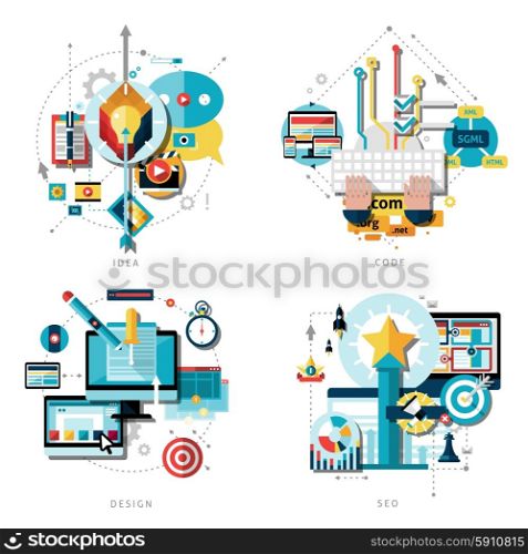Creative Work Icons Set. Creative work and ideas icons set with computer design projects and success flat isolated vector illustration