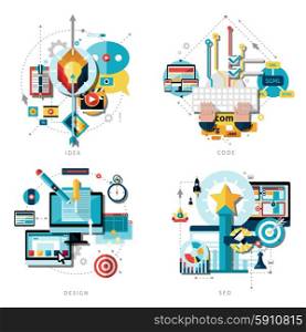 Creative Work Icons Set. Creative work and ideas icons set with computer design projects and success flat isolated vector illustration