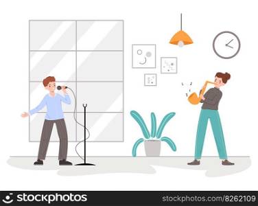 Creative workers in coworking center, musicians and artist vector illustration. Cartoon children spending leisure time, girl playing saxophone, boy singing with microphone, musical performance. Creative workers in coworking center, musicians and artist vector illustration