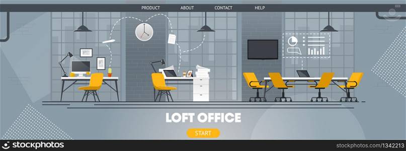 Creative Workplace Loft Office Flat Cartoon Banner. Coworking Center Interior. Separate Workplaces and Conference Space, Equipped with Necessary Digital Technology. Quality Design Vector Illustration. Creative Workplace Loft Office Flat Cartoon Banner