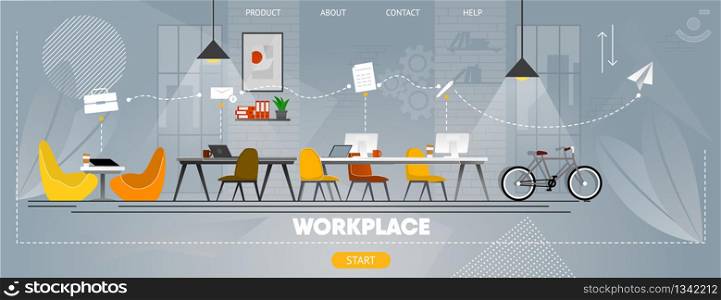 Creative Workplace Space for Business Team Flat Cartoon Banner. Empty Coworking Space Interior in Modern Office with Equipment, Furniture and Devices for Success Work. Vector Illustration. Creative Workplace Space for Business Team Banner