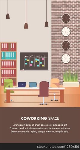 Creative Workplace with Office Furniture Design. Coworking Center. Shared Area. Workplace Loft Style. Chair, Desk, Scrum Board, Laptop on Table, Clock on Brick Wall. Cartoon Flat Vector Illustration. Creative Workplace with Office Furniture Design