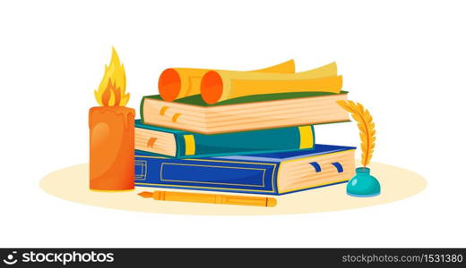 Creative writing flat concept vector illustration. Novel reading. Literature school subject. Storytelling study metaphor. University class. Books stack and inkwell 2D cartoon objects. Creative writing flat concept vector illustration