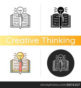 Creative writing icon. Improving writing skills idea. Critical thinking. Creativity development. Ability to write well. Book with pan. Linear black and RGB color styles. Isolated vector illustrations. Creative writing icon
