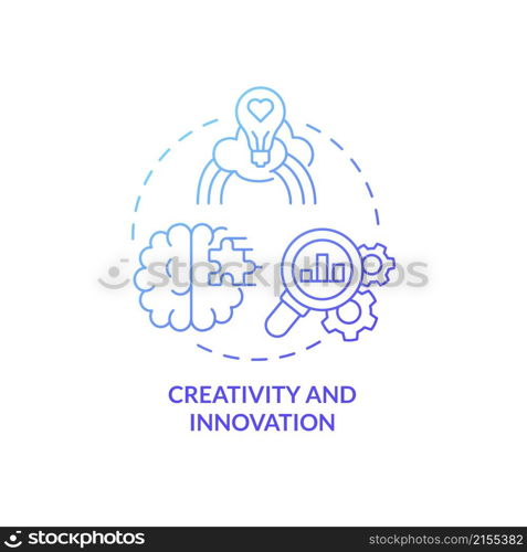 Creativity and innovation blue gradient concept icon. Business management skills abstract idea thin line illustration. Isolated outline drawing. Roboto-Medium, Myriad Pro-Bold fonts used. Creativity and innovation blue gradient concept icon