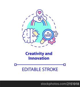 Creativity and innovation concept icon. Business management skills abstract idea thin line illustration. Isolated outline drawing. Editable stroke. Roboto-Medium, Myriad Pro-Bold fonts used. Creativity and innovation concept icon