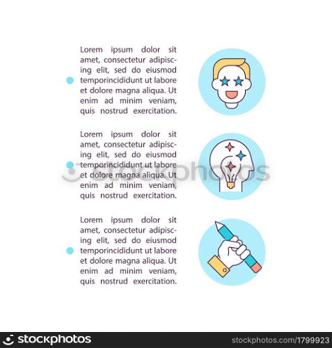 Creativity and passion concept line icons with text. PPT page vector template with copy space. Brochure, magazine, newsletter design element. Self motivation linear illustrations on white. Creativity and passion concept line icons with text