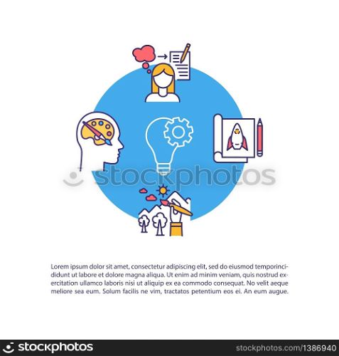 Creativity concept icon with text. Artist inspiration. Creative mind. Individual intelligence. PPT page vector template. Brochure, magazine, booklet design element with linear illustrations. Creativity concept icon with text
