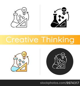 Creativity in STEM icon. Creative thinking idea. Professional information analysis. Ex&les of creative thinking skills. Linear black and RGB color styles. Isolated vector illustrations. Creativity in STEM icon