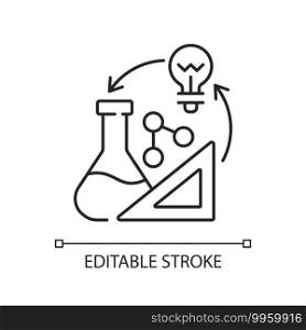 Creativity in STEM linear icon. Creative thinking idea. Ex&les of creative thinking skills. Thin line customizable illustration. Contour symbol. Vector isolated outline drawing. Editable stroke. Creativity in STEM linear icon