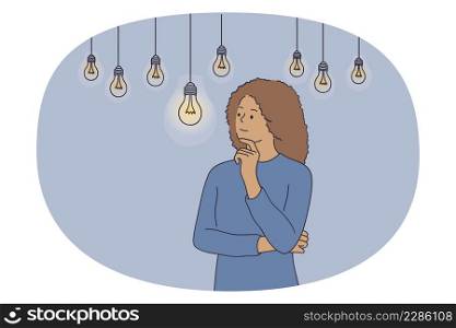 Creativity innovation and thinking concept. Young serious woman standing looking at various hanging lamps and noticing one one bright with light vector illustration . Creativity innovation and thinking concept