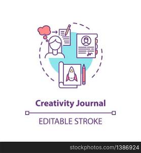 Creativity journal concept icon. Personal growth, self development idea thin line illustration. Keeping track of ideas and accomplishments. Vector isolated outline RGB color drawing. Editable stroke. Creativity journal concept icon