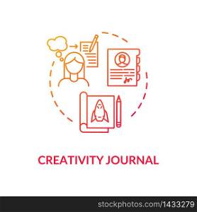 Creativity journal concept icon. Personal growth, self development idea thin line illustration. Keeping track of ideas and accomplishments. Vector isolated outline RGB color drawing. Creativity journal concept icon